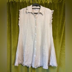 Olivaceous Linen Stripe Ruffle Mini dress in Tan & White. Size Small. Size $68